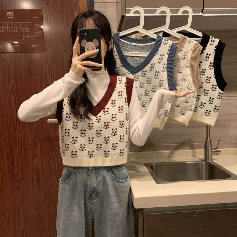 MEXZT Vintage Harajuku Print Knit Vest Fall Women V-Neck Sweater Vests Fashion Loose Sleeveless Y2k Waistcoat Korean Pullovers