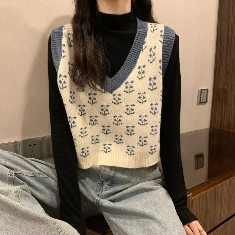 MEXZT Vintage Harajuku Print Knit Vest Fall Women V-Neck Sweater Vests Fashion Loose Sleeveless Y2k Waistcoat Korean Pullovers