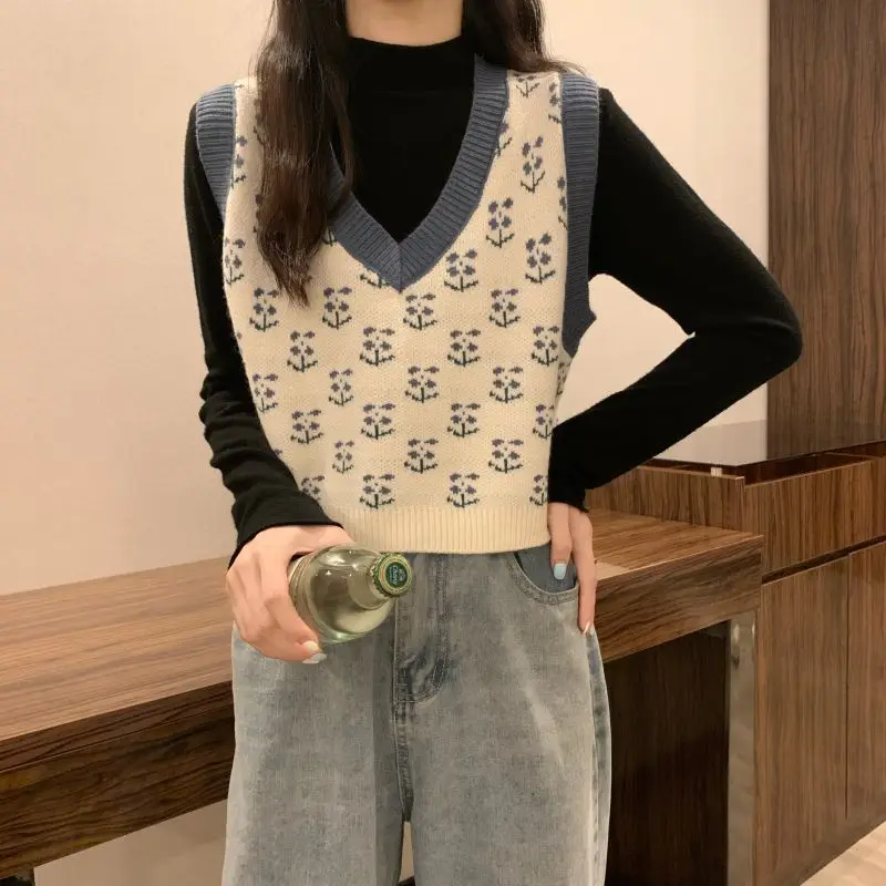 MEXZT Vintage Harajuku Print Knit Vest Fall Women V-Neck Sweater Vests Fashion Loose Sleeveless Y2k Waistcoat Korean Pullovers