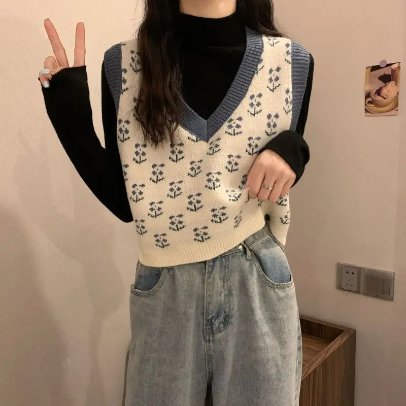 MEXZT Vintage Harajuku Print Knit Vest Fall Women V-Neck Sweater Vests Fashion Loose Sleeveless Y2k Waistcoat Korean Pullovers