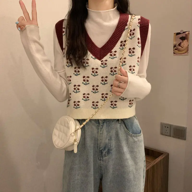 MEXZT Vintage Harajuku Print Knit Vest Fall Women V-Neck Sweater Vests Fashion Loose Sleeveless Y2k Waistcoat Korean Pullovers
