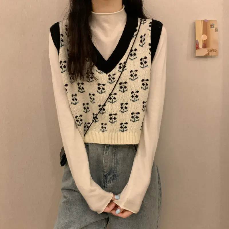 MEXZT Vintage Harajuku Print Knit Vest Fall Women V-Neck Sweater Vests Fashion Loose Sleeveless Y2k Waistcoat Korean Pullovers