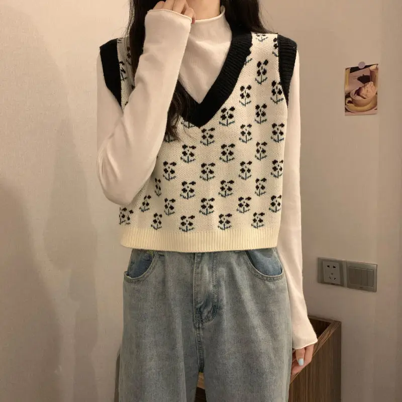 MEXZT Vintage Harajuku Print Knit Vest Fall Women V-Neck Sweater Vests Fashion Loose Sleeveless Y2k Waistcoat Korean Pullovers