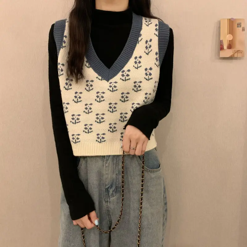 MEXZT Vintage Harajuku Print Knit Vest Fall Women V-Neck Sweater Vests Fashion Loose Sleeveless Y2k Waistcoat Korean Pullovers