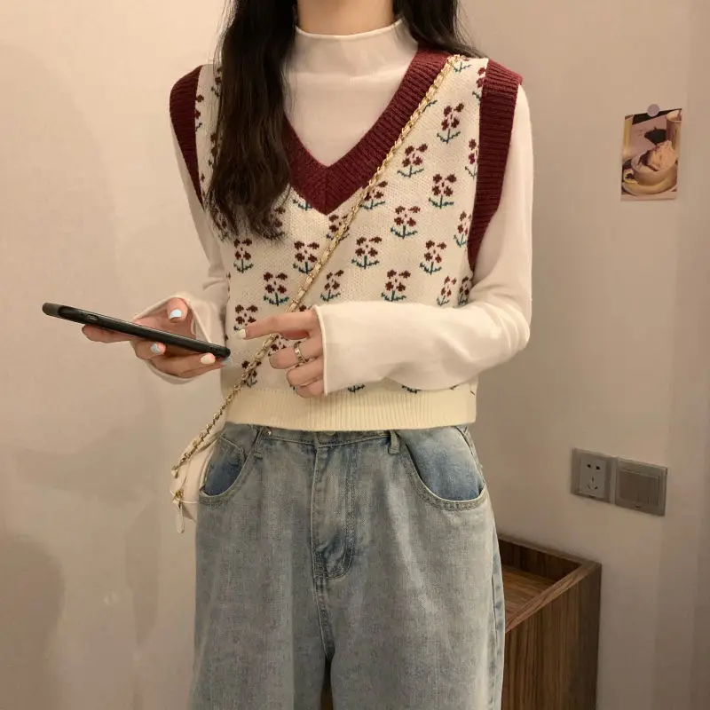 MEXZT Vintage Harajuku Print Knit Vest Fall Women V-Neck Sweater Vests Fashion Loose Sleeveless Y2k Waistcoat Korean Pullovers