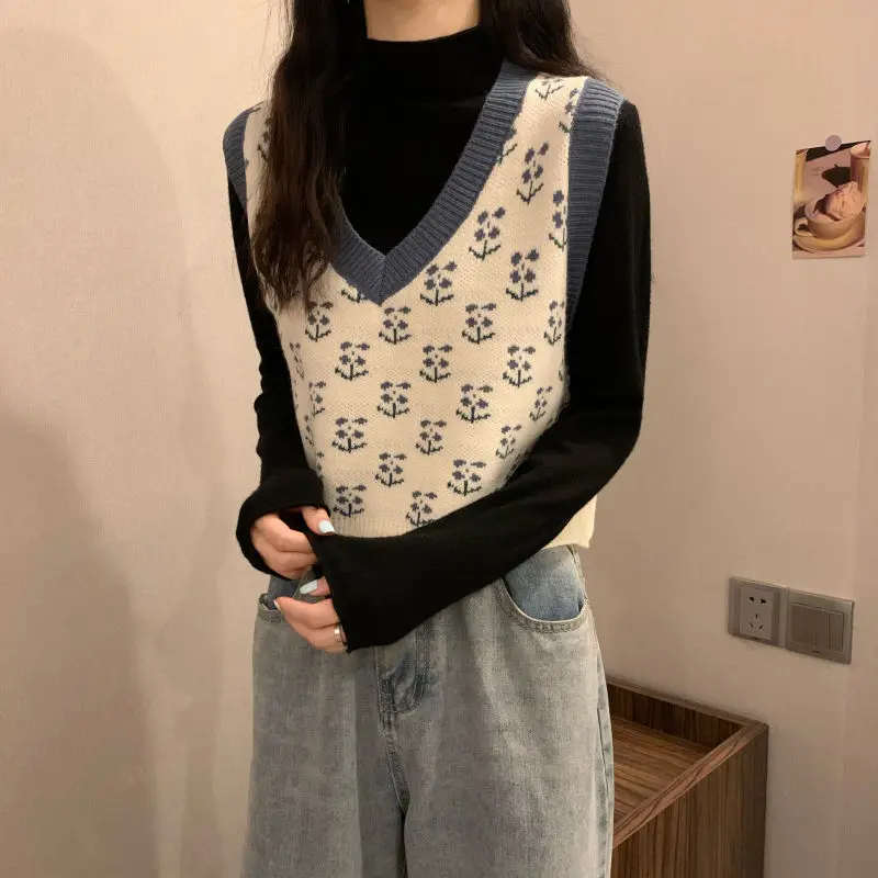 MEXZT Vintage Harajuku Print Knit Vest Fall Women V-Neck Sweater Vests Fashion Loose Sleeveless Y2k Waistcoat Korean Pullovers