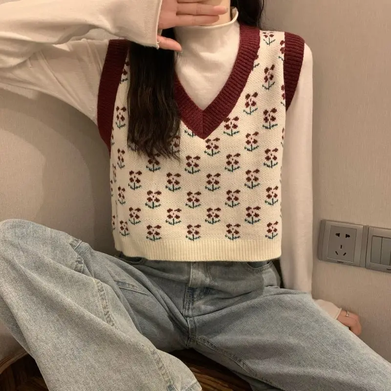MEXZT Vintage Harajuku Print Knit Vest Fall Women V-Neck Sweater Vests Fashion Loose Sleeveless Y2k Waistcoat Korean Pullovers