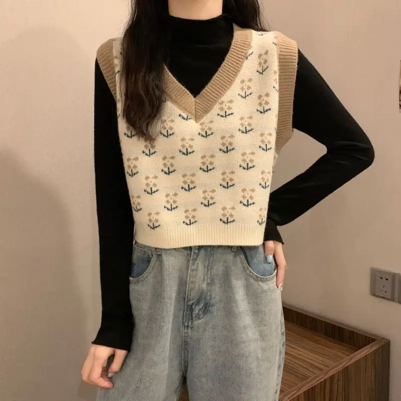 MEXZT Vintage Harajuku Print Knit Vest Fall Women V-Neck Sweater Vests Fashion Loose Sleeveless Y2k Waistcoat Korean Pullovers