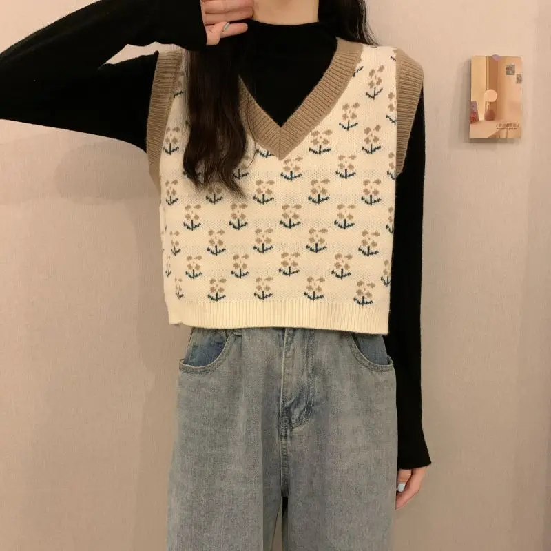 MEXZT Vintage Harajuku Print Knit Vest Fall Women V-Neck Sweater Vests Fashion Loose Sleeveless Y2k Waistcoat Korean Pullovers