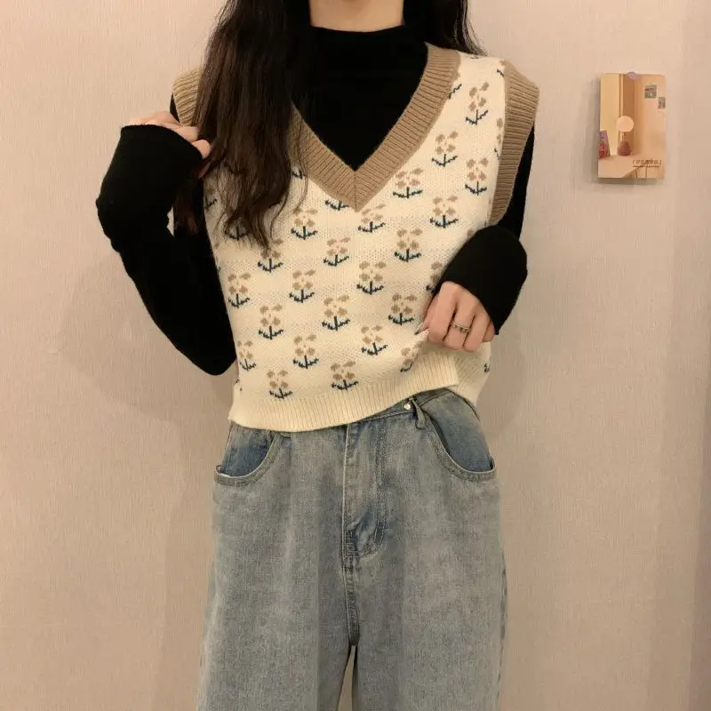 MEXZT Vintage Harajuku Print Knit Vest Fall Women V-Neck Sweater Vests Fashion Loose Sleeveless Y2k Waistcoat Korean Pullovers