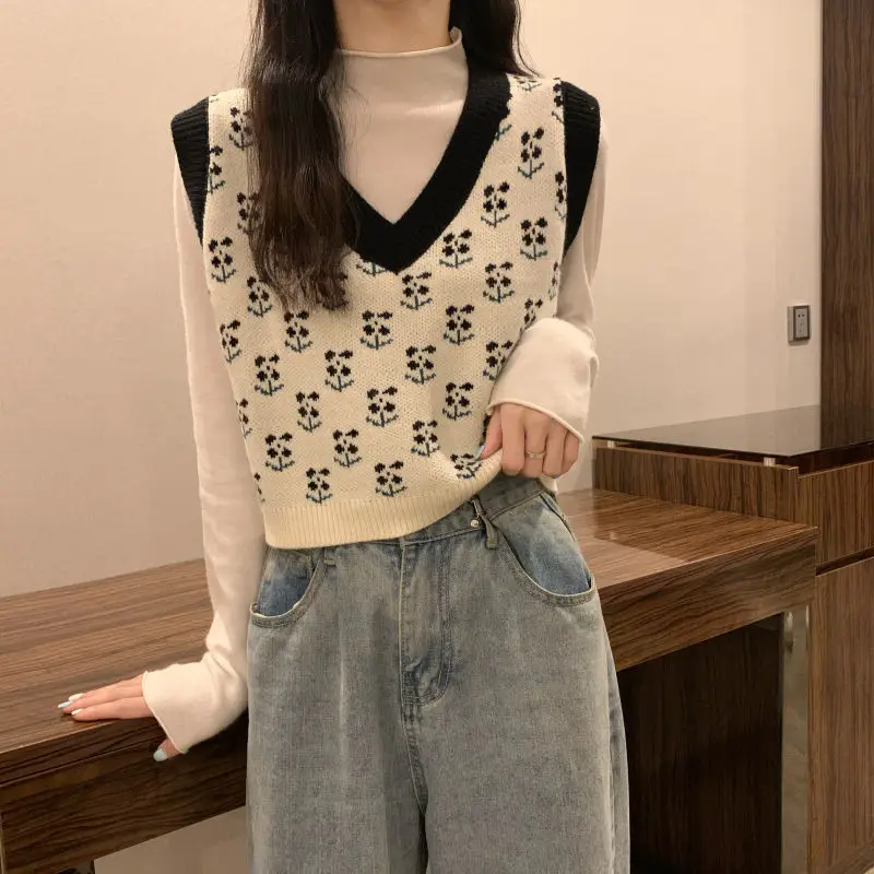 MEXZT Vintage Harajuku Print Knit Vest Fall Women V-Neck Sweater Vests Fashion Loose Sleeveless Y2k Waistcoat Korean Pullovers