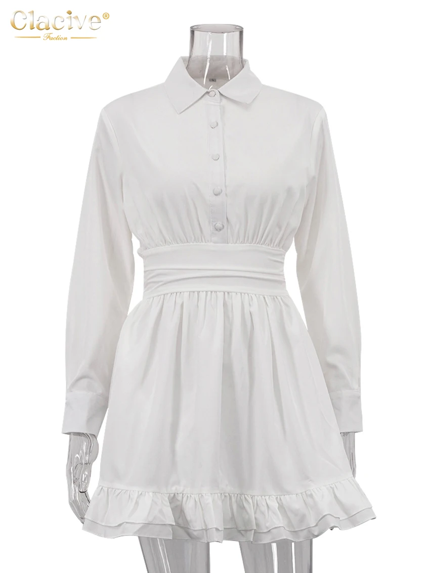 Clacive Fashion Loose White Women's Dress 2024 Elegant Lapel Long Sleeve Mini Dresses Casual High Waist Pleated Female Dress