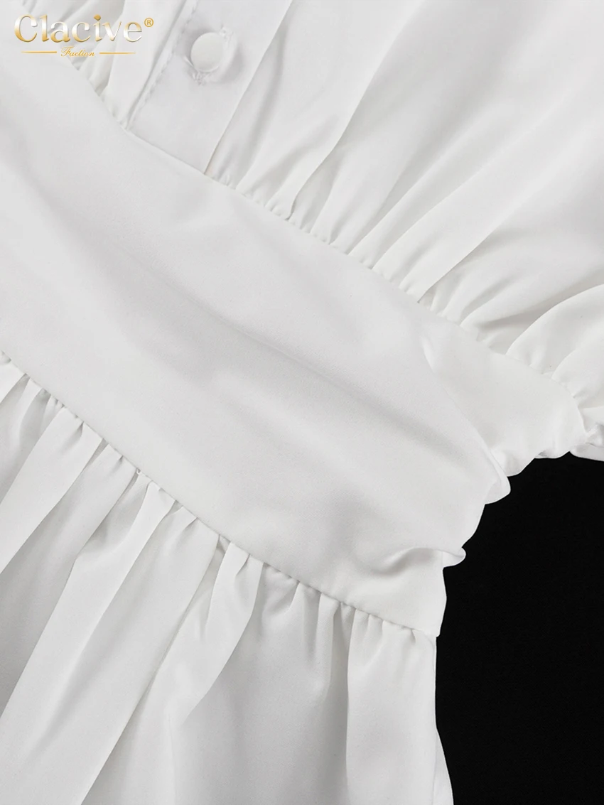 Clacive Fashion Loose White Women's Dress 2024 Elegant Lapel Long Sleeve Mini Dresses Casual High Waist Pleated Female Dress