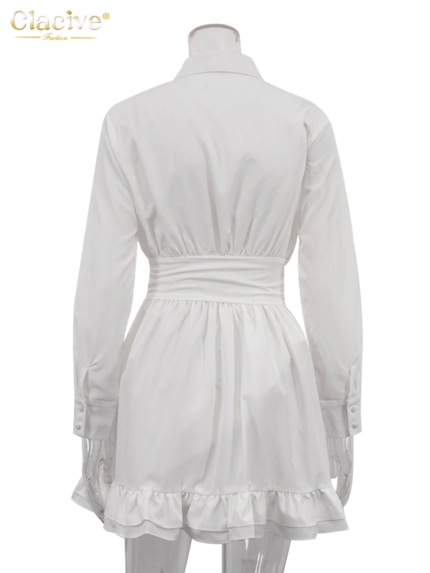 Clacive Fashion Loose White Women's Dress 2024 Elegant Lapel Long Sleeve Mini Dresses Casual High Waist Pleated Female Dress