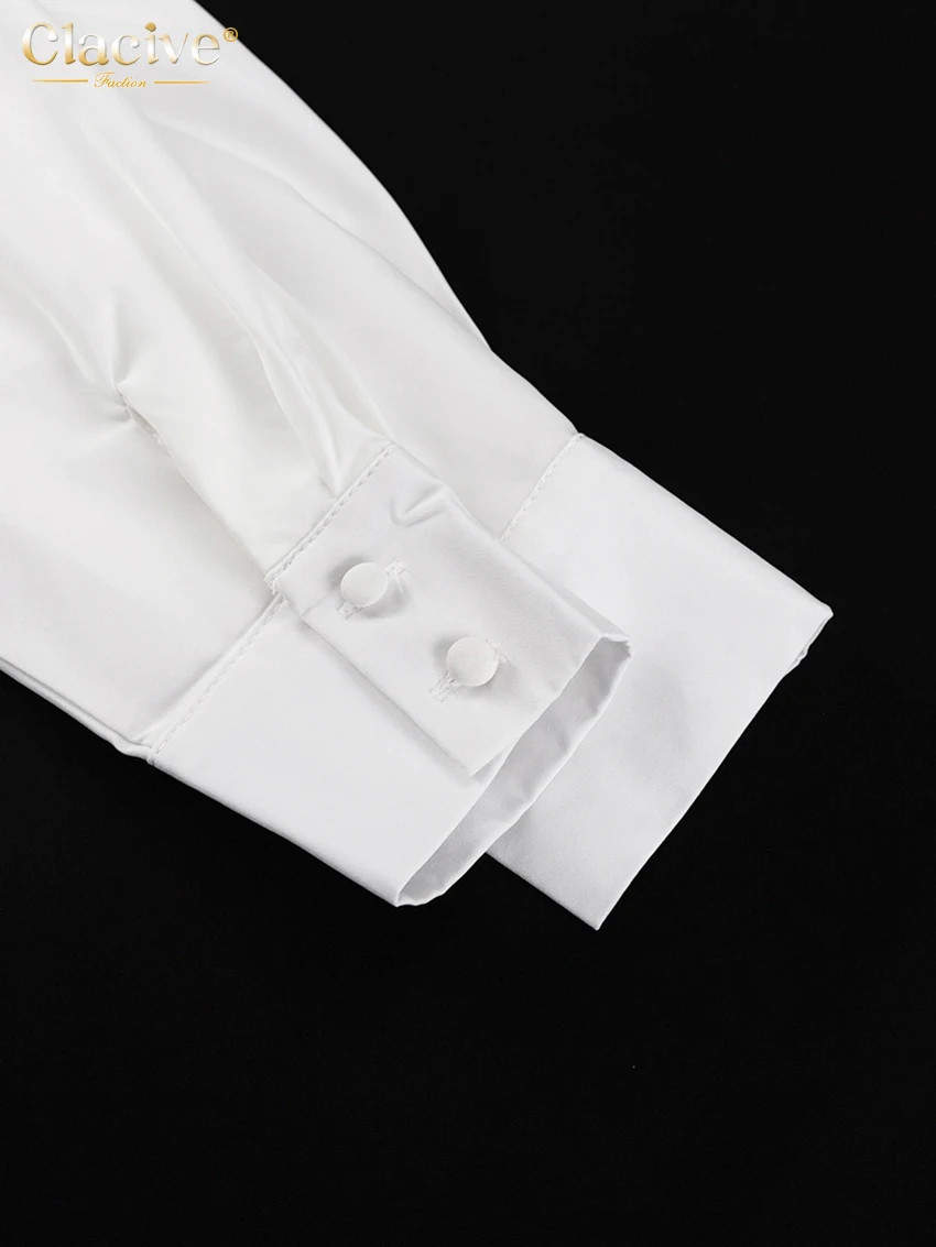 Clacive Fashion Loose White Women's Dress 2024 Elegant Lapel Long Sleeve Mini Dresses Casual High Waist Pleated Female Dress