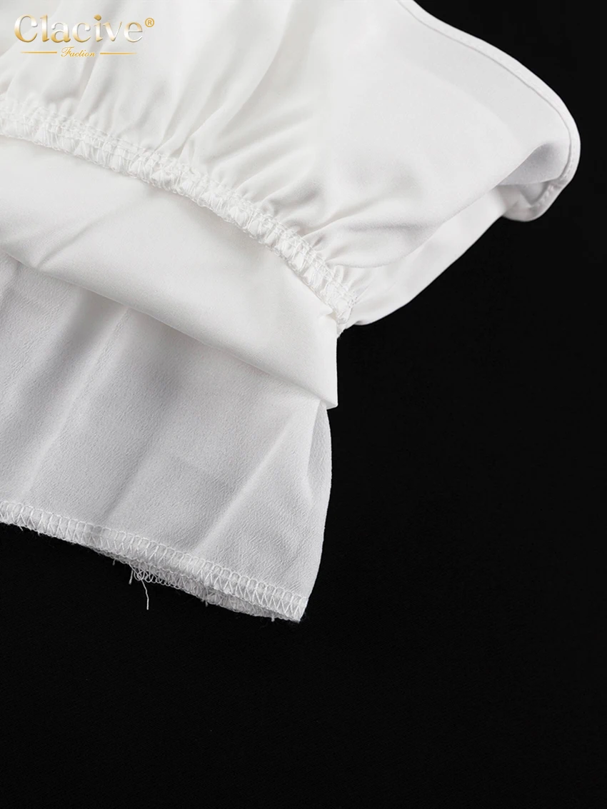 Clacive Fashion Loose White Women's Dress 2024 Elegant Lapel Long Sleeve Mini Dresses Casual High Waist Pleated Female Dress