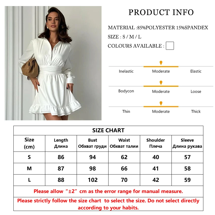 Clacive Fashion Loose White Women's Dress 2024 Elegant Lapel Long Sleeve Mini Dresses Casual High Waist Pleated Female Dress