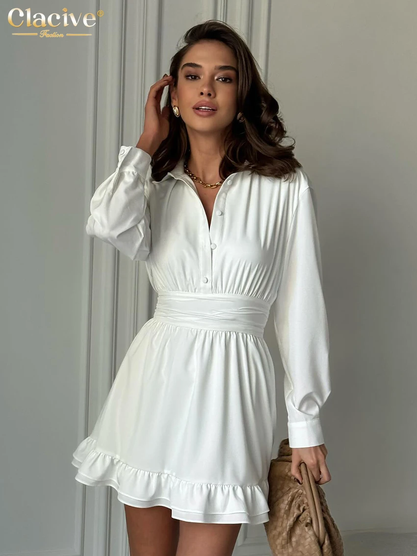 Clacive Fashion Loose White Women's Dress 2024 Elegant Lapel Long Sleeve Mini Dresses Casual High Waist Pleated Female Dress