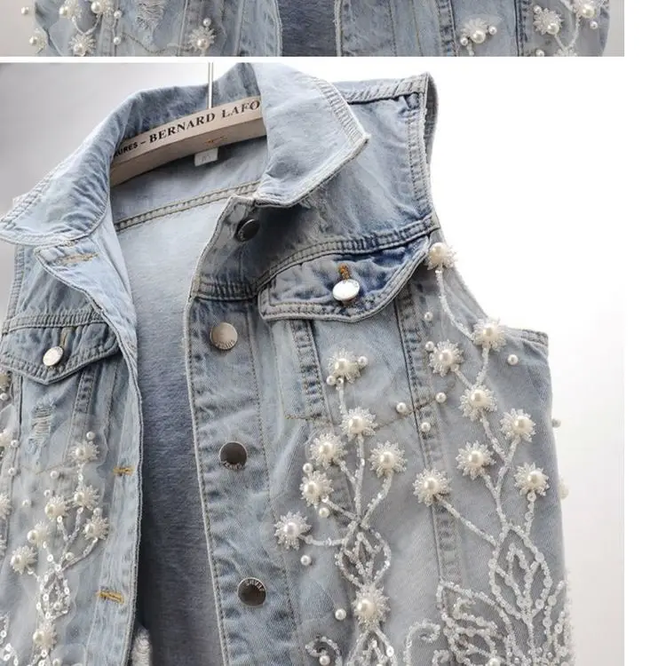 Heavy Industry Nail Bead Flower Women's Denim Vest 2023 Spring Summer New Short Sleeveless Jacket Broken Hole Waistcoat Female
