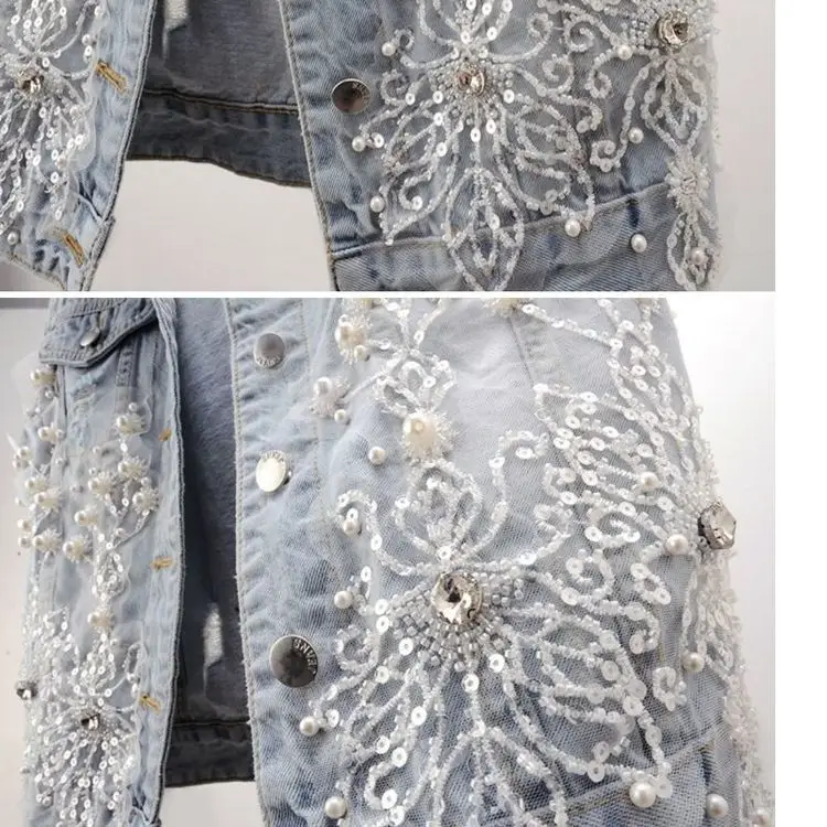 Heavy Industry Nail Bead Flower Women's Denim Vest 2023 Spring Summer New Short Sleeveless Jacket Broken Hole Waistcoat Female