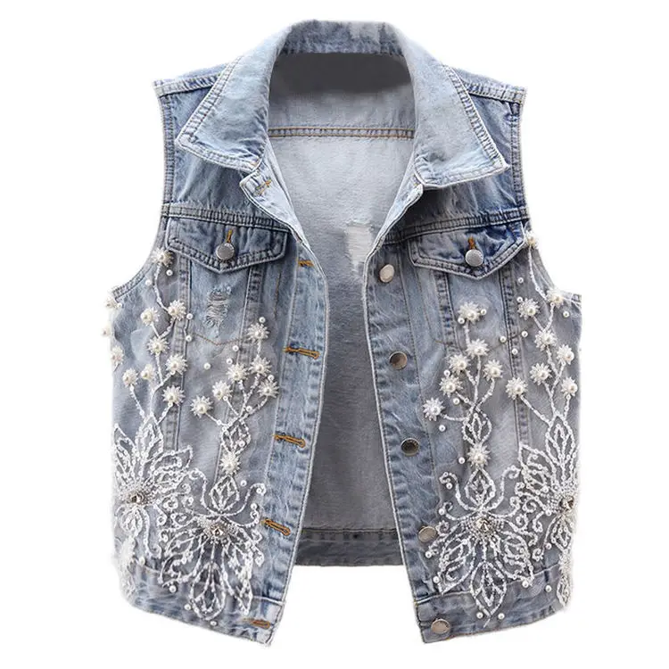 Heavy Industry Nail Bead Flower Women's Denim Vest 2023 Spring Summer New Short Sleeveless Jacket Broken Hole Waistcoat Female