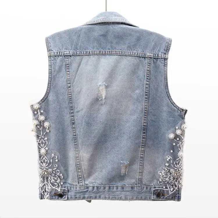Heavy Industry Nail Bead Flower Women's Denim Vest 2023 Spring Summer New Short Sleeveless Jacket Broken Hole Waistcoat Female