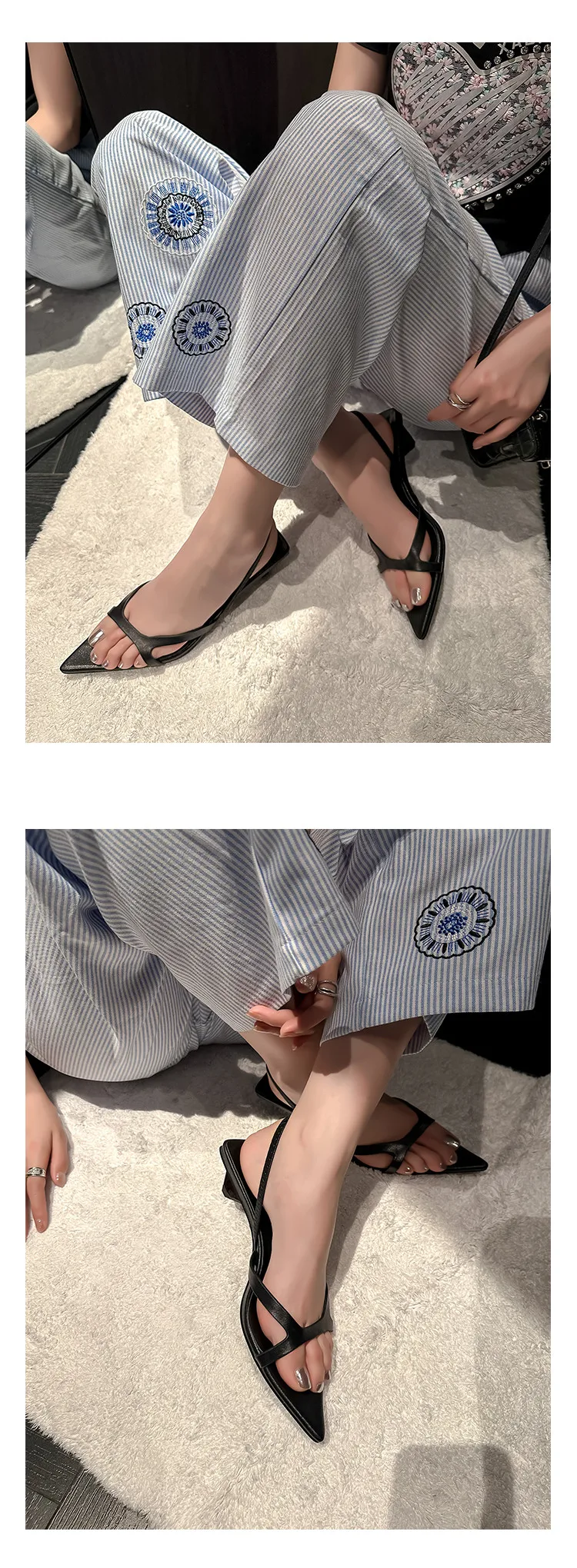 MKKHOU Fashion Sandals Women New High Quality Genuine Leather Simple Pointed Back Strap Middle Heel Leopard Pattern Open Shoes