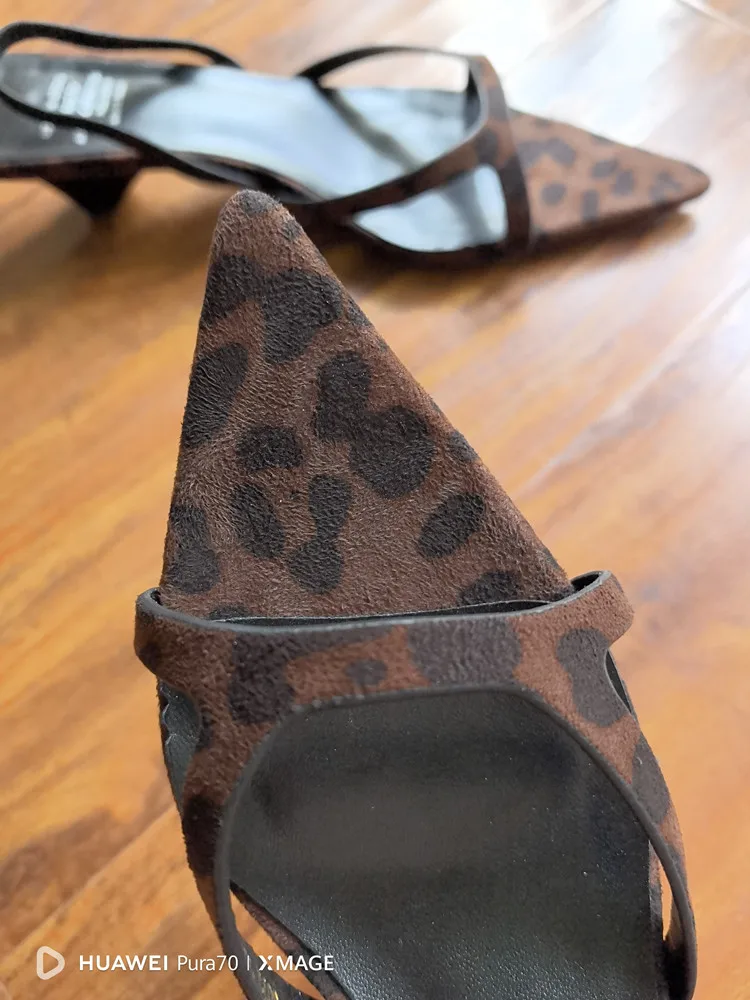 MKKHOU Fashion Sandals Women New High Quality Genuine Leather Simple Pointed Back Strap Middle Heel Leopard Pattern Open Shoes