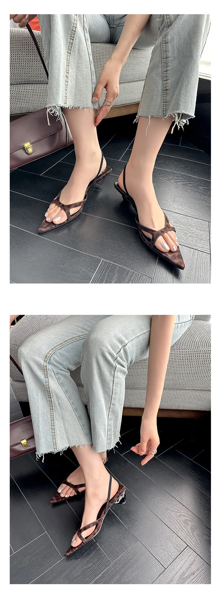 MKKHOU Fashion Sandals Women New High Quality Genuine Leather Simple Pointed Back Strap Middle Heel Leopard Pattern Open Shoes