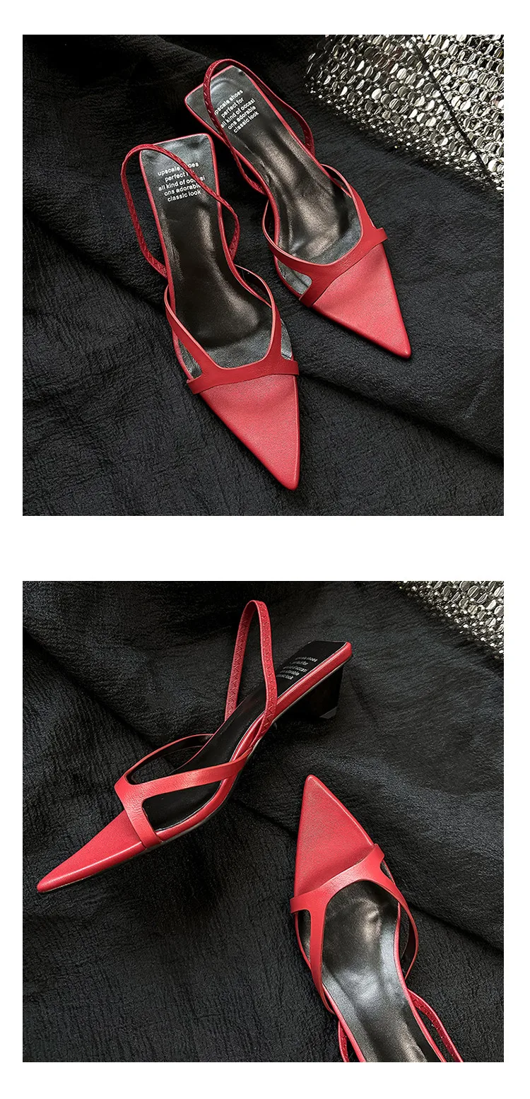 MKKHOU Fashion Sandals Women New High Quality Genuine Leather Simple Pointed Back Strap Middle Heel Leopard Pattern Open Shoes