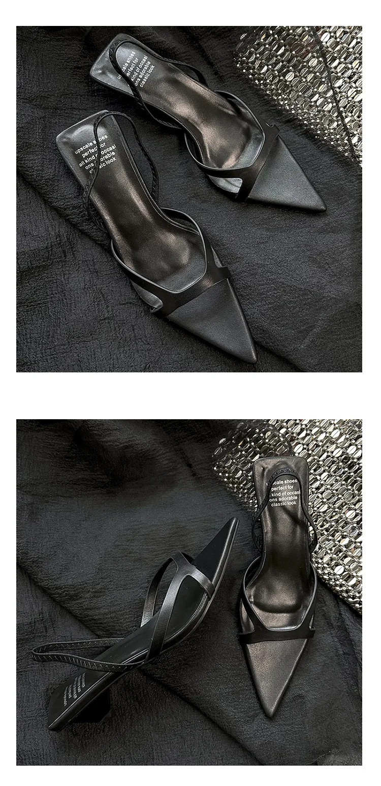 MKKHOU Fashion Sandals Women New High Quality Genuine Leather Simple Pointed Back Strap Middle Heel Leopard Pattern Open Shoes