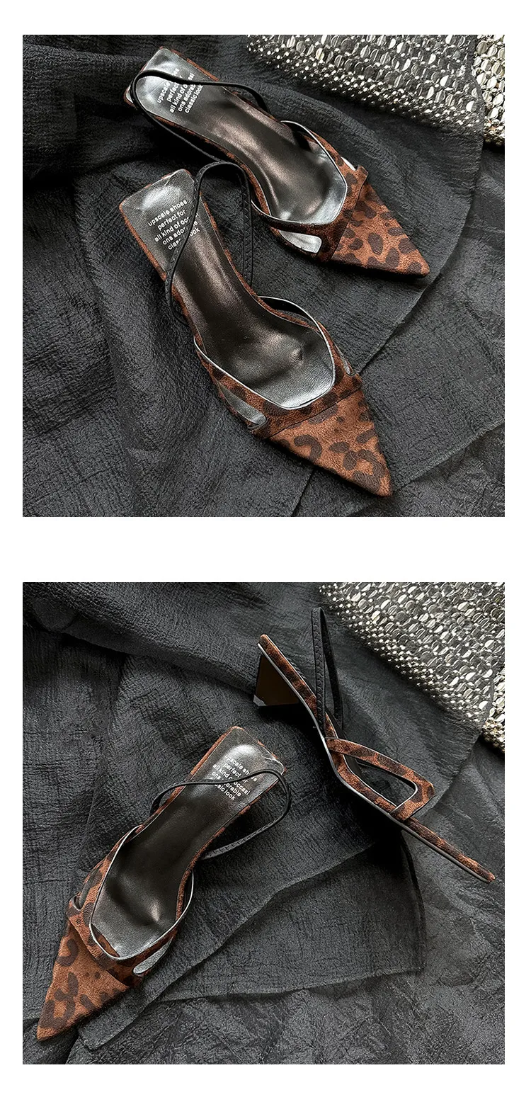 MKKHOU Fashion Sandals Women New High Quality Genuine Leather Simple Pointed Back Strap Middle Heel Leopard Pattern Open Shoes