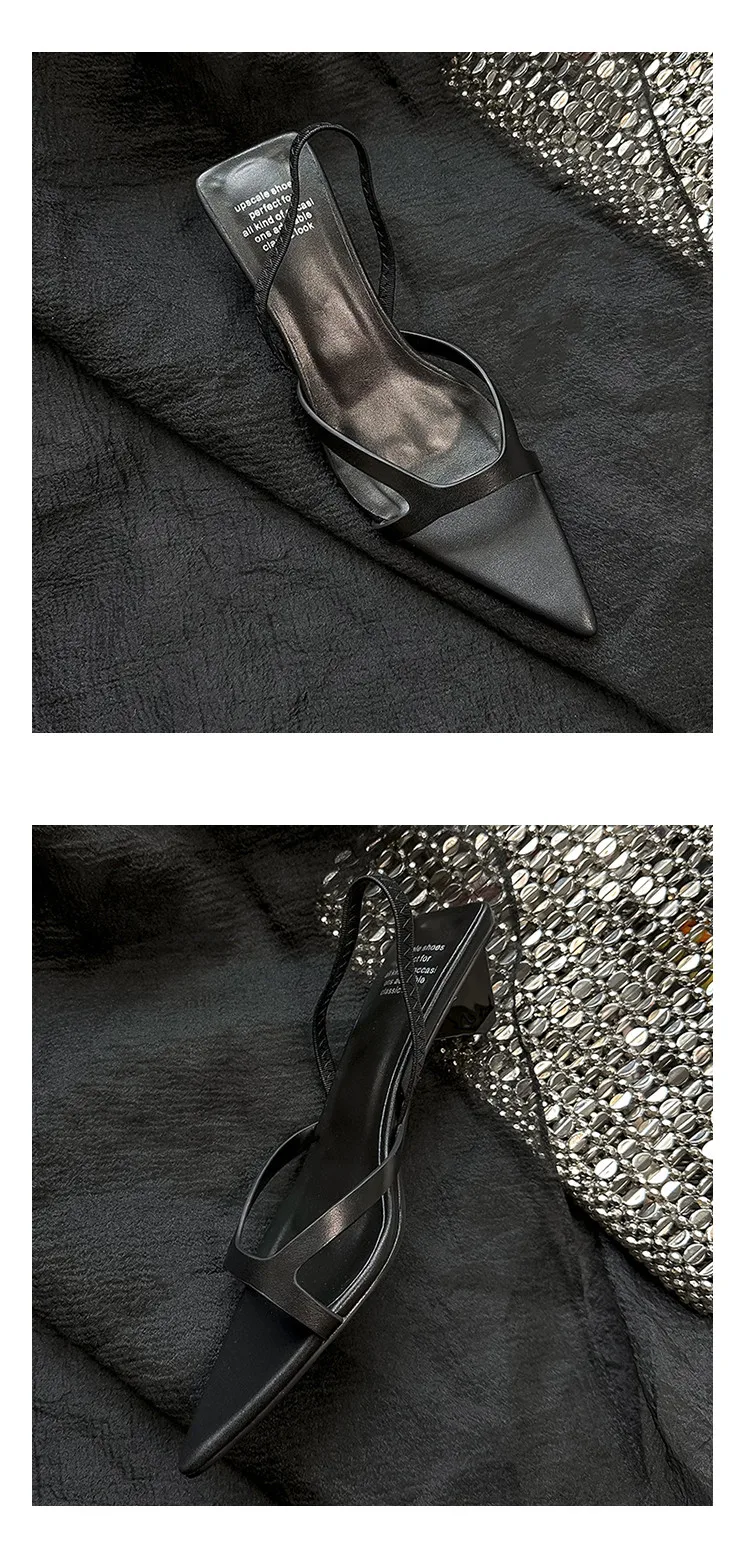 MKKHOU Fashion Sandals Women New High Quality Genuine Leather Simple Pointed Back Strap Middle Heel Leopard Pattern Open Shoes