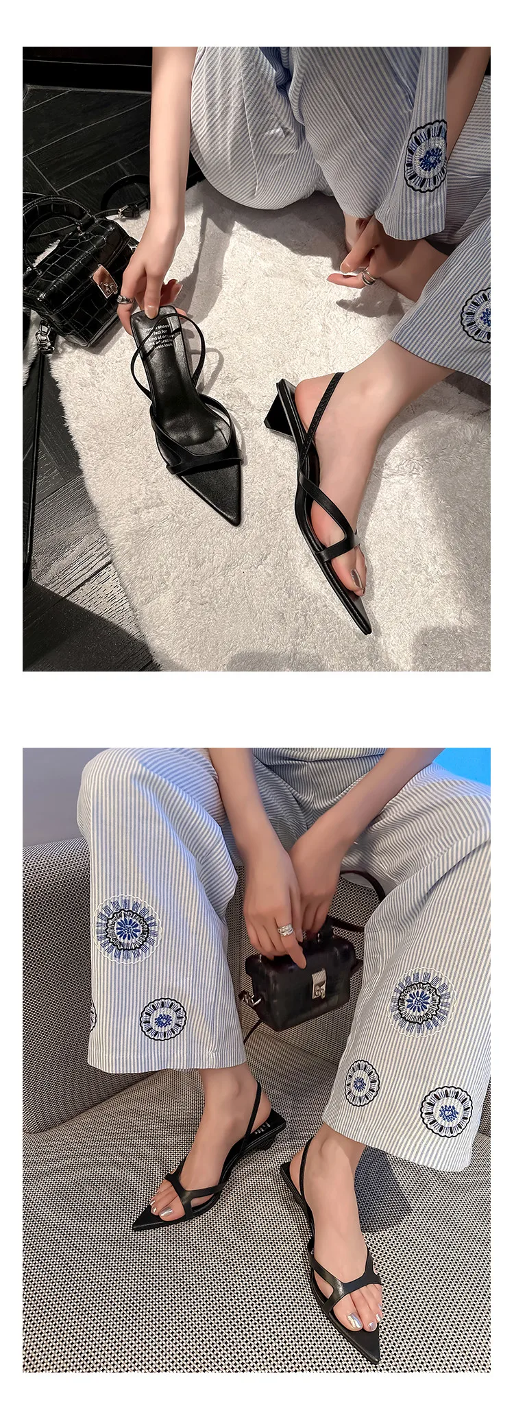 MKKHOU Fashion Sandals Women New High Quality Genuine Leather Simple Pointed Back Strap Middle Heel Leopard Pattern Open Shoes