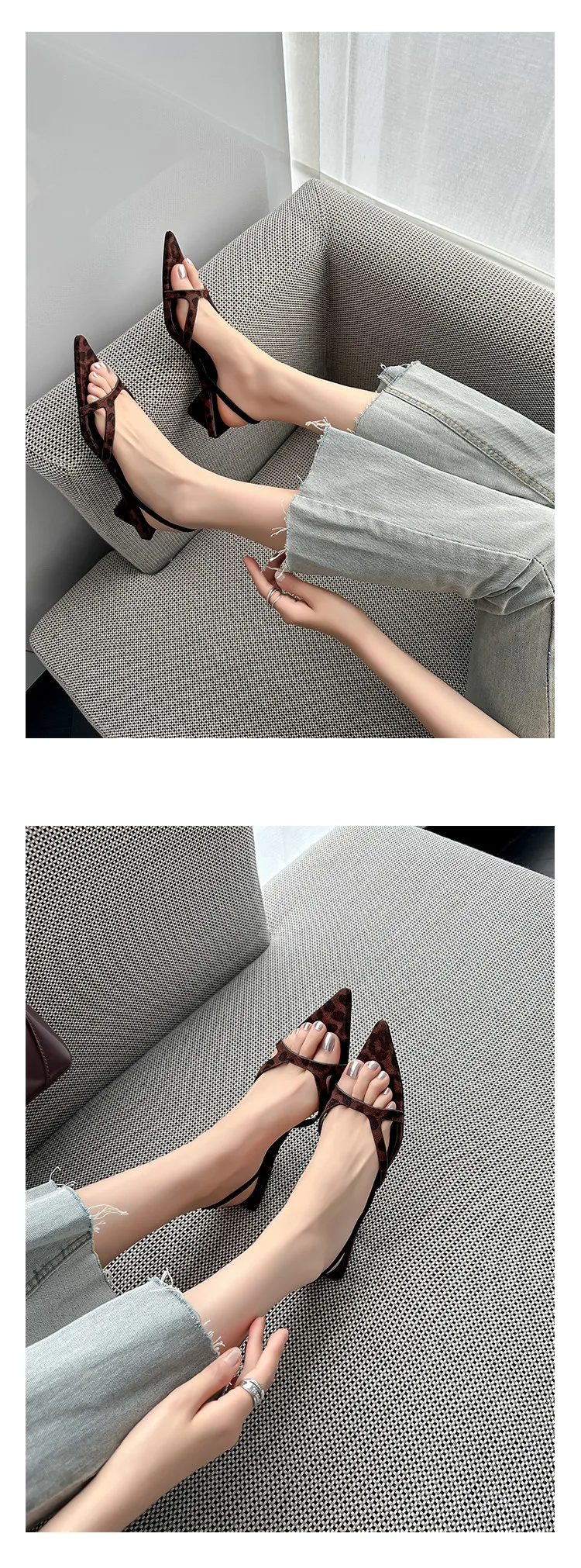 MKKHOU Fashion Sandals Women New High Quality Genuine Leather Simple Pointed Back Strap Middle Heel Leopard Pattern Open Shoes