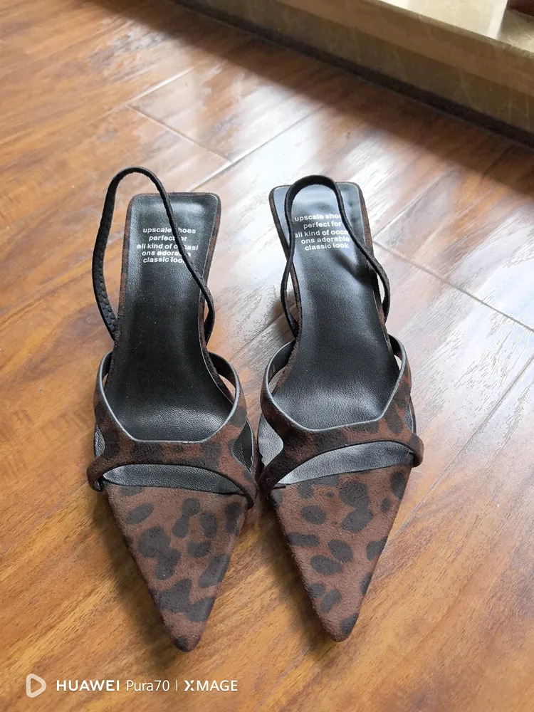 MKKHOU Fashion Sandals Women New High Quality Genuine Leather Simple Pointed Back Strap Middle Heel Leopard Pattern Open Shoes