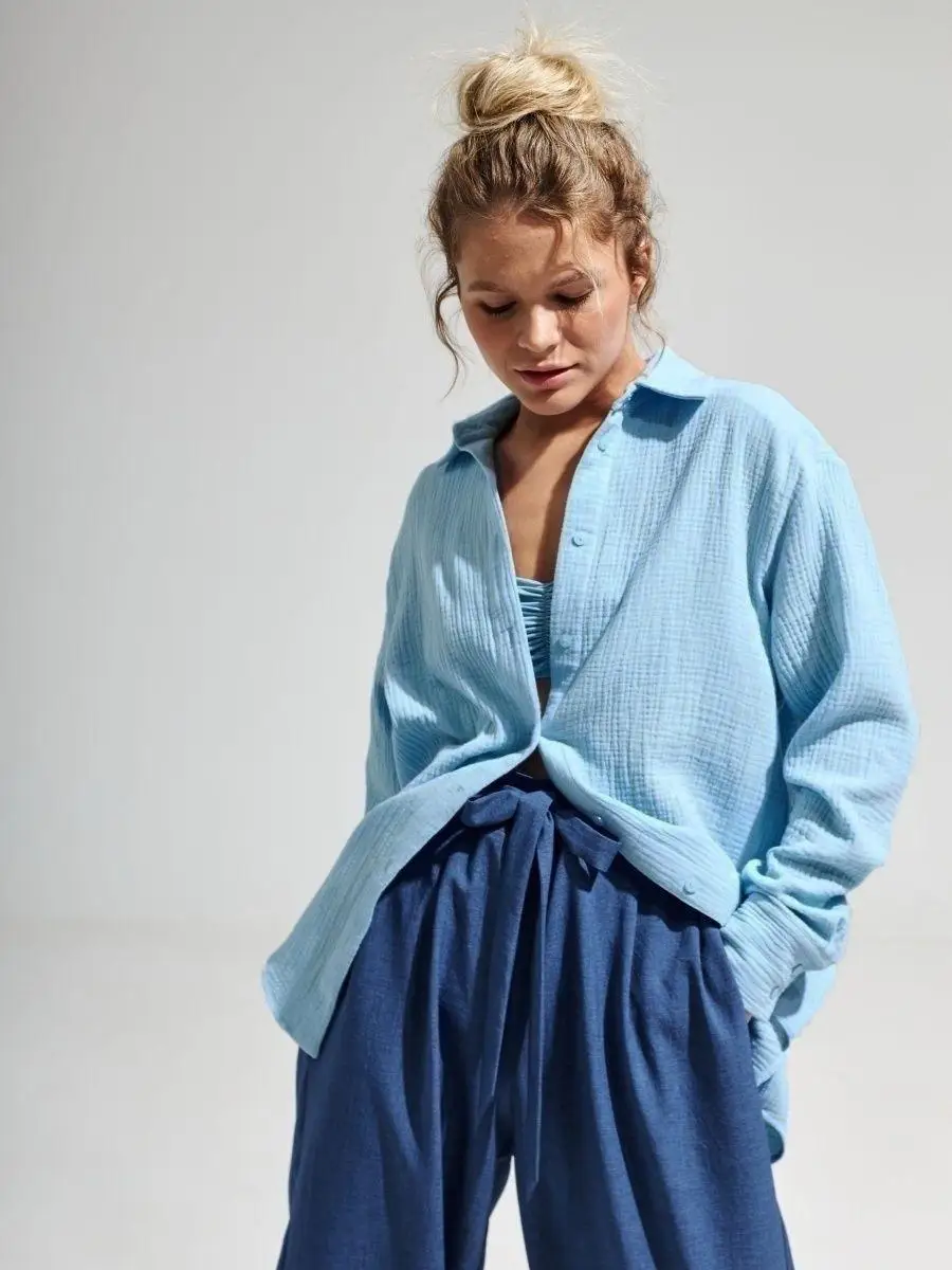 Original Muslin 100% Cotton Shirt Causal Soild Loose Womens Tops Button Long Sleeve Elegant Shirts And Blouses Festival Gifts