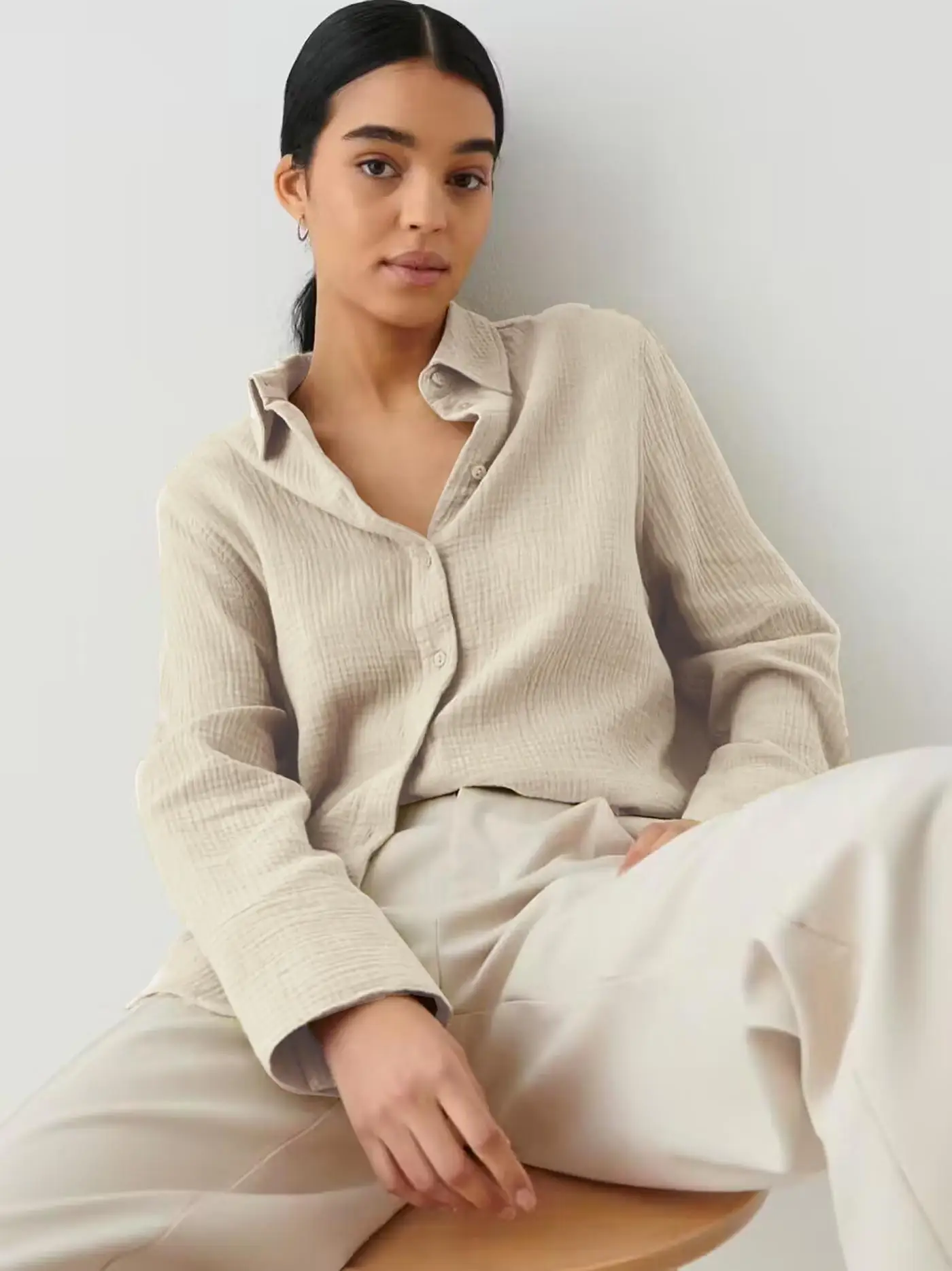 Original Muslin 100% Cotton Shirt Causal Soild Loose Womens Tops Button Long Sleeve Elegant Shirts And Blouses Festival Gifts