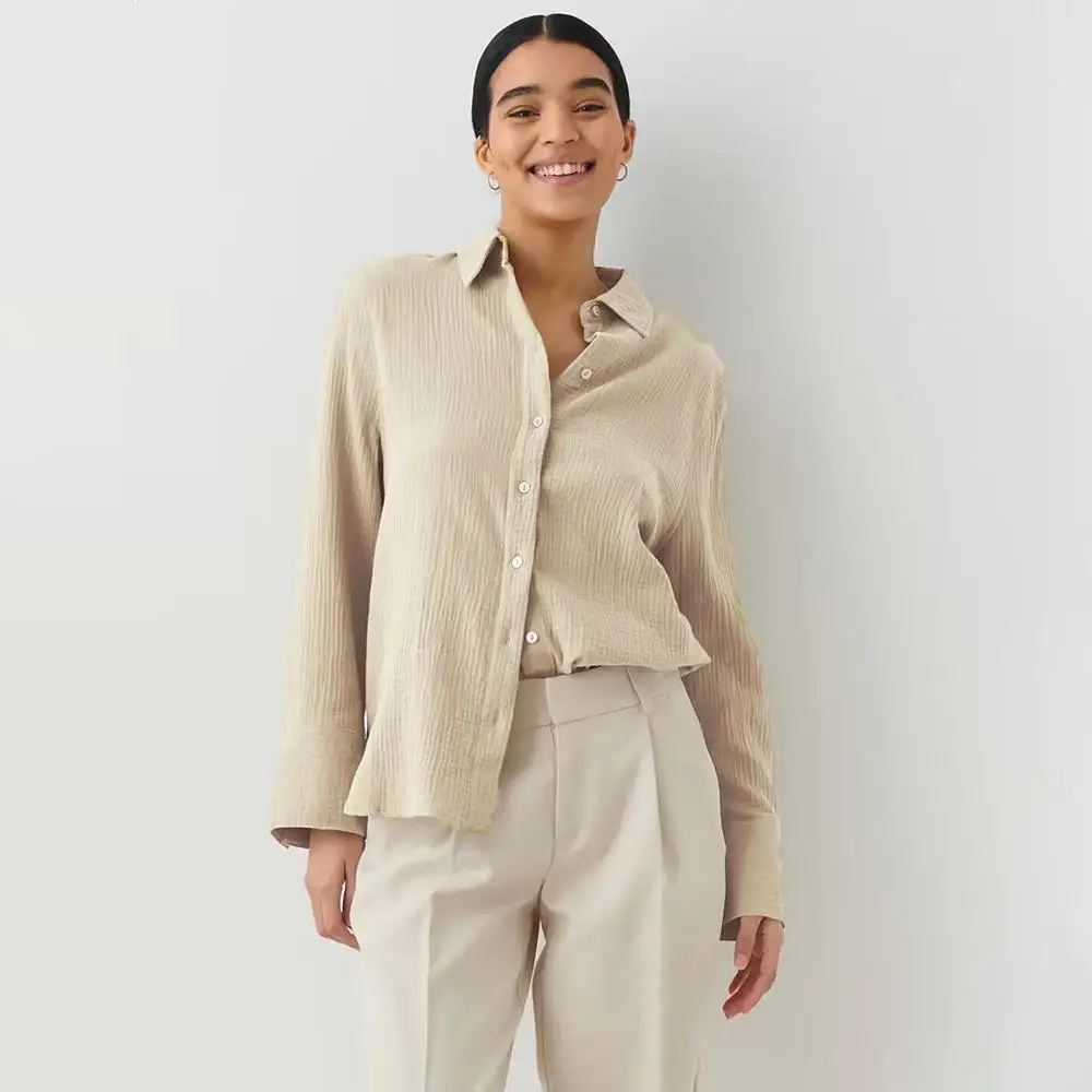 Original Muslin 100% Cotton Shirt Causal Soild Loose Womens Tops Button Long Sleeve Elegant Shirts And Blouses Festival Gifts