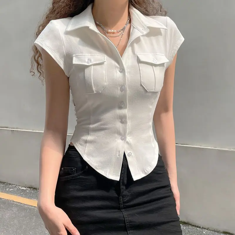 Skinny Uniform Short Sleeve Shirts Women Korean Turndown Collar Pockets White T-Shirt Slim Fit Single-Breasted OL Woman Clothes