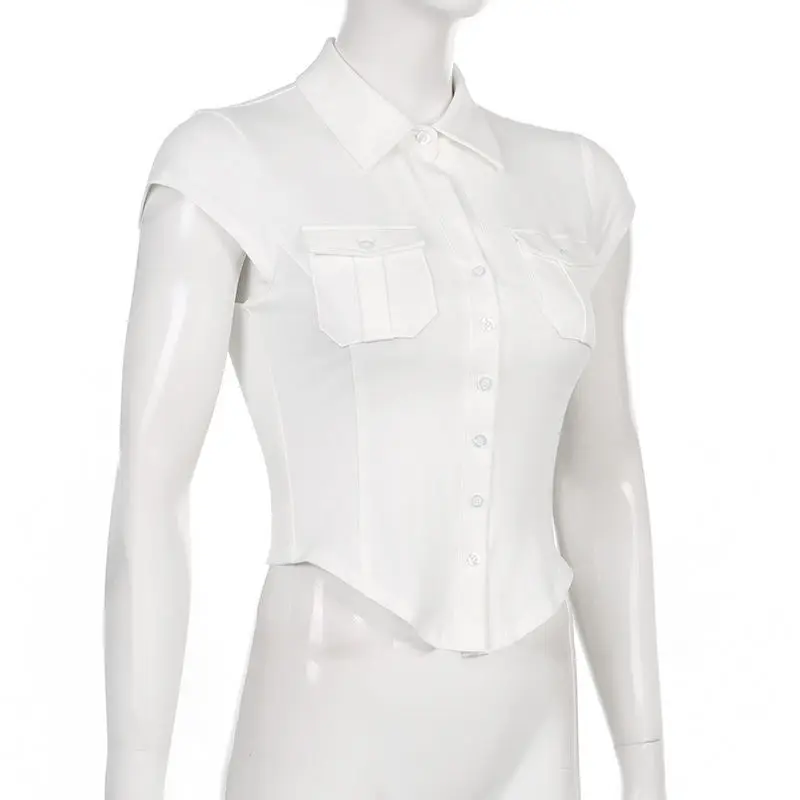 Skinny Uniform Short Sleeve Shirts Women Korean Turndown Collar Pockets White T-Shirt Slim Fit Single-Breasted OL Woman Clothes
