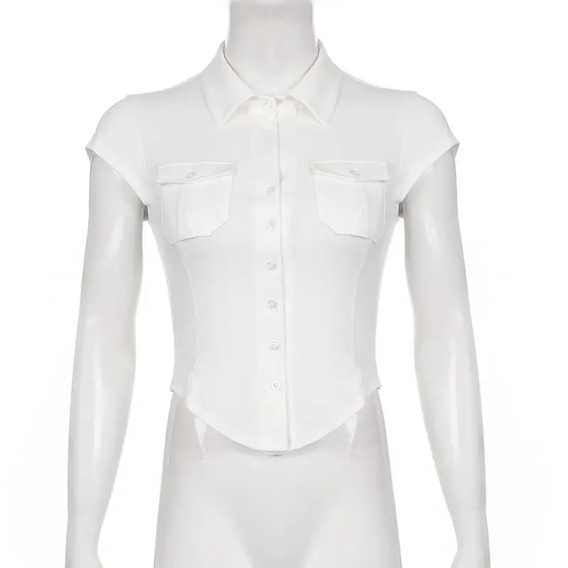 Skinny Uniform Short Sleeve Shirts Women Korean Turndown Collar Pockets White T-Shirt Slim Fit Single-Breasted OL Woman Clothes
