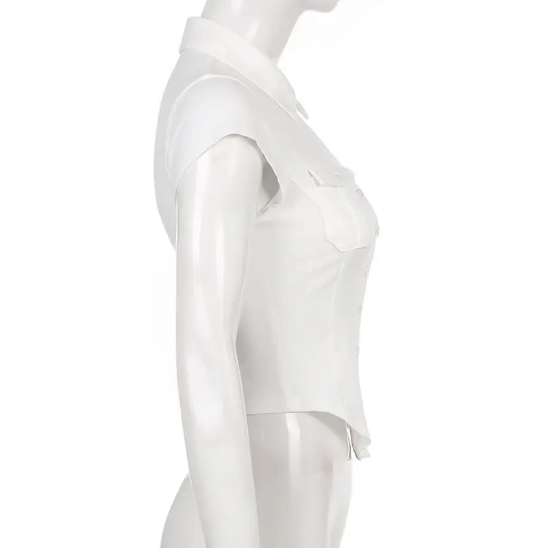 Skinny Uniform Short Sleeve Shirts Women Korean Turndown Collar Pockets White T-Shirt Slim Fit Single-Breasted OL Woman Clothes