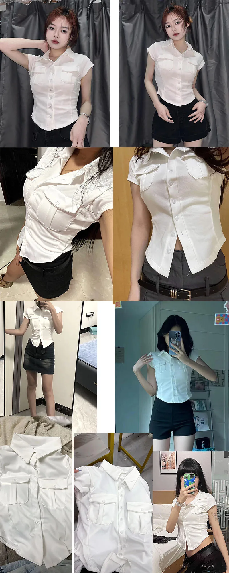 Skinny Uniform Short Sleeve Shirts Women Korean Turndown Collar Pockets White T-Shirt Slim Fit Single-Breasted OL Woman Clothes