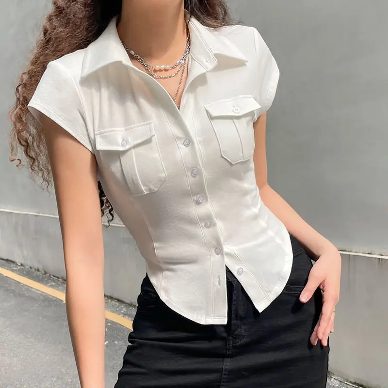 Skinny Uniform Short Sleeve Shirts Women Korean Turndown Collar Pockets White T-Shirt Slim Fit Single-Breasted OL Woman Clothes