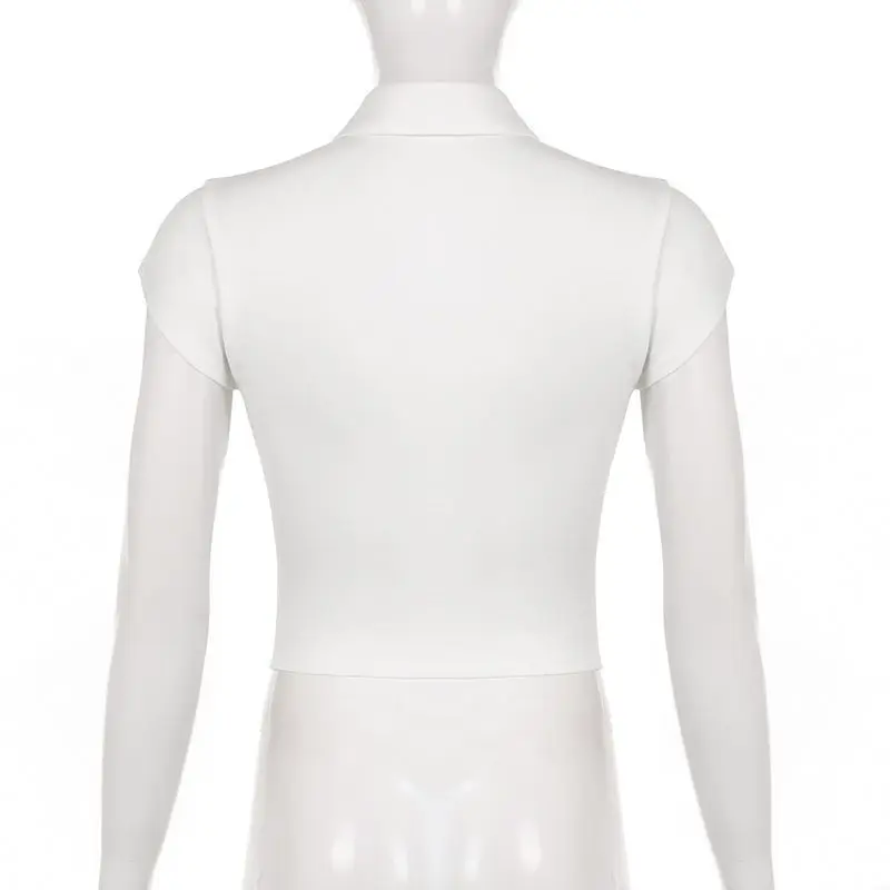Skinny Uniform Short Sleeve Shirts Women Korean Turndown Collar Pockets White T-Shirt Slim Fit Single-Breasted OL Woman Clothes