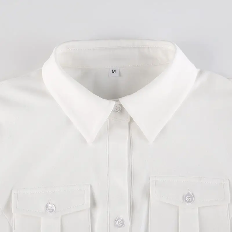 Skinny Uniform Short Sleeve Shirts Women Korean Turndown Collar Pockets White T-Shirt Slim Fit Single-Breasted OL Woman Clothes