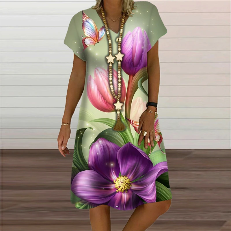 Summer Fashion Butterfly Plant Flowers Print Women Dress Elegant Sweet Short Sleeve V-Neck Oversized Clothing Casual Loose Dress