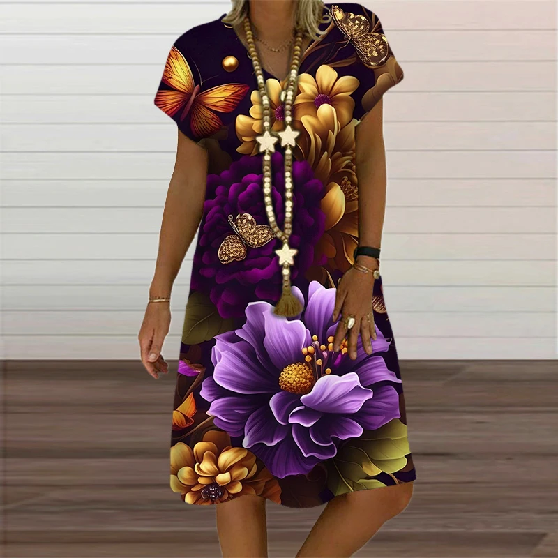 Summer Fashion Butterfly Plant Flowers Print Women Dress Elegant Sweet Short Sleeve V-Neck Oversized Clothing Casual Loose Dress