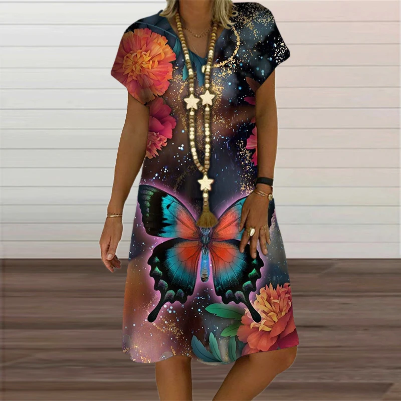 Summer Fashion Butterfly Plant Flowers Print Women Dress Elegant Sweet Short Sleeve V-Neck Oversized Clothing Casual Loose Dress